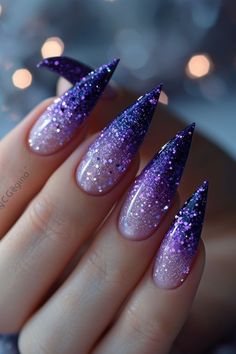 Purple Glitter Nail Art, Adult Nail Designs, Chunky Glitter Nails Acrylics, Lilac Glitter Nails, Nail Art Designs Glitter, Nail Glitter Design, Sparkly Purple Nails, Purple Sparkle Nails, Galaxy Nail Designs