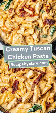 creamy tuscan chicken pasta in a skillet with bacon and spinach