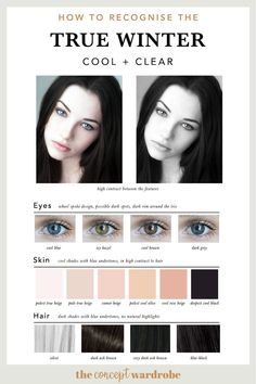 the concept wardrobe | Are you a True Winter? If you identify with these characteristics you most likely fall into the True Winter type of the seasonal colour analysis (PCA). If you want more information and examples of True Winter, click to read more. Winter Makeup Natural, Cold Skin Tone, Seasonal Colour Analysis, The Concept Wardrobe, Concept Wardrobe, Deep Winter Colors