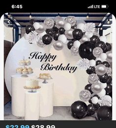 a birthday party with balloons, cake and desserts on the table in front of a sign that says happy birthday