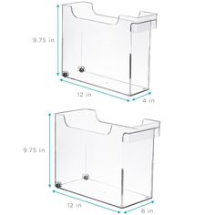 two clear plastic bins are shown with the measurements for each item in front and back