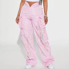 Brand New Parachute Pants Size Xl Fashion Nova Pants Runs Small No Stretch Will Fit More Of A Size Large In Pink Color Wide Leg Pants Spring Pink Bottoms With Cargo Pockets, Pink High Waist Relaxed Fit Cargo Pants, Pink Relaxed Fit High Waist Cargo Pants, Trendy Pink Cargo Pants For Spring, High Waist Pink Relaxed Fit Cargo Pants, Trendy Pink Baggy Wide Leg Pants, Pink Wide Leg Pants With Side Pockets For Spring, Trendy High Waist Pink Cargo Pants, Pink Straight Cargo Pants For Summer