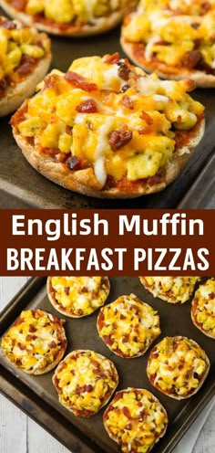 english muffin breakfast pizzas on a baking sheet