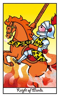 a knight riding on the back of a horse in front of a yellow background with words that read knight of grizzanna tarot