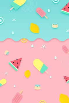 an image of some ice cream and watermelon slices on pink paper with blue background