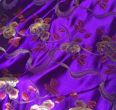 Purple and Gold Ribbon Roses - Faux Silk Brocade Fabric Polyester brocade Allium Aesthetic, Pomefiore Aesthetic, Bright Purple Aesthetic, Silk Brocade Fabric, Silk Velvet Fabric, Ribbon Roses, Silk Brocade, Gold Ribbon, Bright Purple