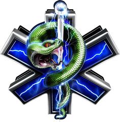 a green snake wrapped around a cross with lightning in the background