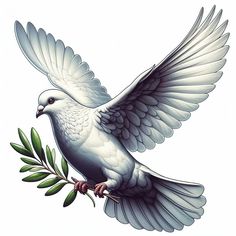 a white bird with wings spread and olive branch in the foreground, on a white background