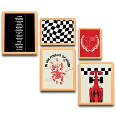 four framed posters with different designs on them