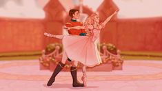 a man and woman are dancing together in front of a pink wall with ornate designs