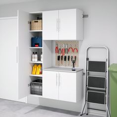 The HangUps Storage Cabinet Collection offers versatility for your ever changing storage needs in the garage, laundry room, office or workshop. The Cabinets mount securely to the wall with a heavy duty metal rail and hook system. The wall mounted feature ensures easy cleaning beneath the cabinets and protects your stored items from water and dirt. The HangUps Collection is constructed using laminated composite wood and features metal handles and adjustable hinges. This product ships ready-to-assemble and includes all hanging rails and fastening bolts. Add other cabinets from our HangUps Collection to create a storage system to convert any cluttered room into an organized space. Constructed from non-toxic, CARB-2 compliant, laminated composite woods. Ships ready to assemble, includes an ins Cluttered Room, Laundry Room Office, Garage Laundry Room, Locking Storage Cabinet, Narrow Storage Cabinet, Steel Storage Cabinets, Car Products, Garage Laundry, Storage Furniture Living Room