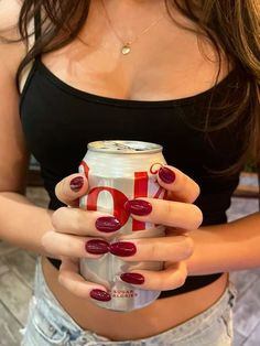 Cherry Coke Nail Color, Cherry Cola Nails Designs, Cherry Cola Red Nails, Cherry Red Summer Nails, Diet Coke Nails, Cherry Nails Aesthetic, Red Nails With Cherry, Cheery Red Nail, Acrylic Nail Red