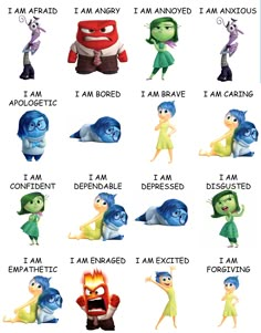 some cartoon characters with different expressions on their faces and body, including the words i am angry