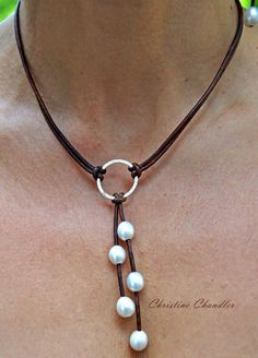 Pearl and Leather Sterling Silver Lariat by ChristineChandler Lariat Necklace Silver, Diy Collier, Pearl Leather, A Necklace, How To Make Necklaces, Diy Schmuck, Lariat Necklace, Hand Made Jewelry, Leather Necklace