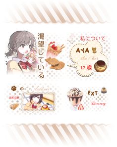 an anime character with food and sweets on it