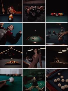 a collage of different shots including pool balls, billiards, and people