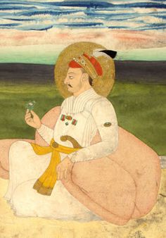 a painting of a man sitting on the ground holding a flower in his right hand