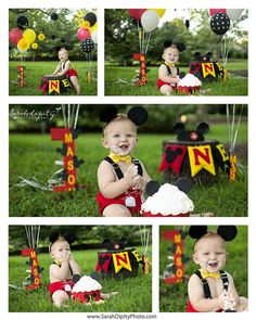 a baby is sitting in the grass with mickey mouse cake and balloons on it's face