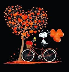 there is a bike with hearts on the tree