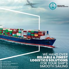 a large cargo ship sailing in the ocean with an airplane flying over it and text that reads we hand over reusable & finest logistic solutions for your ship's smooth