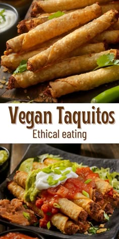 vegan taquitass with sauce and lettuce on top are served in black trays