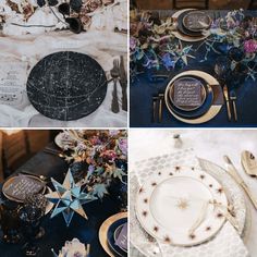 Plates and decor that are celestial themed Starry Table Decor, Constellation Wedding Theme, Star Table Decorations, Zodiac Wedding, Night Sky Wedding, Constellation Wedding, Celestial Wedding Theme, Starry Wedding, Galaxy Party