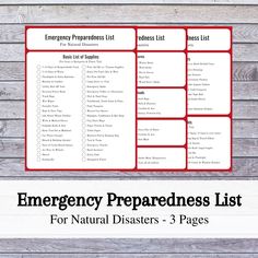 Emergency Preparedness List | Natural Disasters | Basic Supplies List | Printable | Red, Black and White | US Letter **Digital Download** Natural disasters can be unpredictable and scary. However, this emergency preparedness list specifically for natural disasters can help prepare for the unexpected. This three page printable includes a basic supplies list, an added supplies list for common disasters, a first aid list, and a car supplies list. Be ready for the unexpected natural disaster with th Survival Supplies List, Emergency Bag List, Doomsday Prepping List, Emergency Bag Essentials, Emergency Preparedness Survey, Emergency Preparedness Kit List, Emergency Kit List, Emergency Supply List, Survival Food List Emergency Supplies