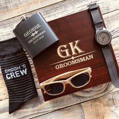 Groomsmen Box Set with Watch, Socks, Sunglasses, & Flask - GroomsDay Groomsmen Kit, Unique Groomsmen Gifts, Groom Watch, Groomsmen Boxes, Groomsman Proposal Box, Best Groomsmen Gifts, Groomsmen Proposal Gifts, Groomsmen Gifts Unique, Groomsmen Gift Set