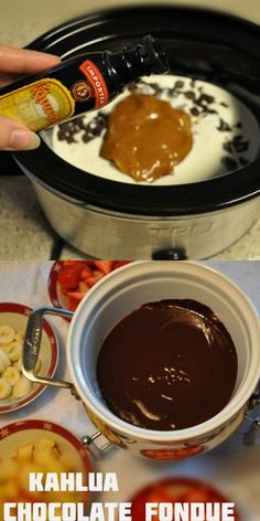 someone is pouring chocolate into a bowl with food in it and other ingredients around the bowl