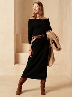 Petite Off-the-Shoulder Sweater Dress | Banana Republic Sweater Over Dress, Knitted Dress Outfit, Elegantes Outfit Damen, Classy Business Outfits, Fall Sweater Dress, Long Sweater Dress, Black Sweater Dress, Event Outfit, Knit Stitch