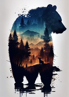 a bear that is standing in the water with trees on it's back side