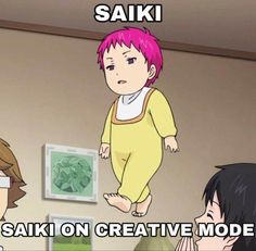 an anime character with pink hair standing on the edge of a room while another person looks at him