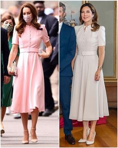 two pictures of the same woman in different dresses, one is wearing a face mask