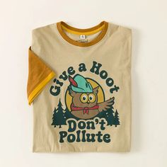 Give a Hoot Don't Pollute Ringer Tee | 70s tee Woodsy Owl, 70s Nostalgia, Leave No Trace, Uncommon Goods, Saturday Morning Cartoons, Unique T Shirt, Forest Service, Cool Graphic Tees, 70s Style