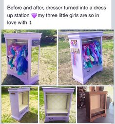 an old dresser turned into a dressing table with clothes hanging on the doors and drawers