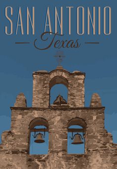 an old building with bells on it and the words san antonio, texas written below