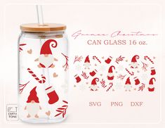 a glass jar with santa clauss and candy canes on it, next to a sticker that says can glass 16oz