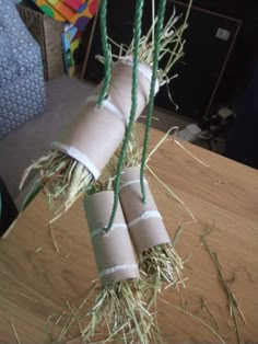 three rolls of toilet paper wrapped in twine on top of a wooden table next to a pile of hay