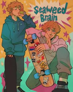 two young boys with skateboards in front of an advertisement for seaweed brain on the side of a building