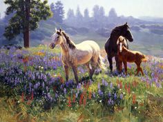 two horses are standing in the wildflowers with their foal's