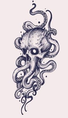 Cthulhu Tattoo, Kraken Tattoo, Octopus Tattoo Design, Octopus Tattoos, Skull Sleeve Tattoos, Skull Sleeve, Skeleton Tattoos, Octopus Tattoo