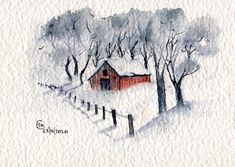 a watercolor painting of a red barn in the snow with trees and fence around it