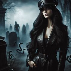 a woman in a black leather coat and hat standing next to a cemetery with creepy figures behind her