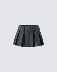 Level up your attitude with our black denim pleat skirt 🖤 This look is made from a washed denim fabric, and complete with a mid-rise fit, a frayed hem, and an invisible side zipper - Bold, bada*s, and ready to slay any occasion 😜 Black Denim Pleated Skirt, Acubi Skirt, Mini Skirts Outfits Summer, Mini Skirt Pleated, White Corset Dress, Denim Pleated Skirt, Skirt Outfit Summer, Outfit Pieces, Skirts Outfits