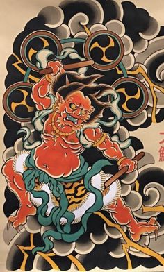 Rajin Fujin Tattoo, Japanese Raijin Tattoo, Fujin Tattoo, Small Japanese Tattoo, Godzilla Tattoo, Traditional Tattoo Old School