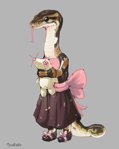 an animal with a pink ribbon around its neck and wearing a dress, holding a stuffed animal in it's arms