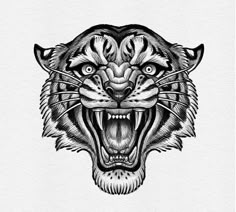 a black and white drawing of a tiger's head with its mouth wide open