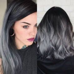 Black To Silver Balayage, Grey Hair With Dark Roots, Dark Grey Balayage, Smokey Gray Hair Color, Gunmetal Grey Hair, Ashy Balayage On Black Hair, Silver Hair Balayage, Dark Gray Hair Color, Steel Grey Hair