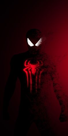 a spider man standing in the dark with his eyes glowing red and looking at the camera