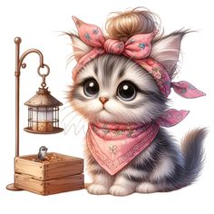 a cat wearing a bandana next to a box and lamp with a bird on it